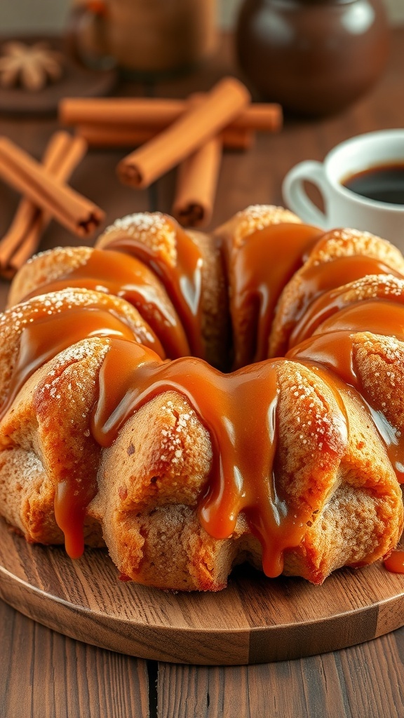 Easy Cinnamon Monkey Bread Recipe Golden-brown monkey bread with cinnamon sugar and glaze, served on a wooden table.